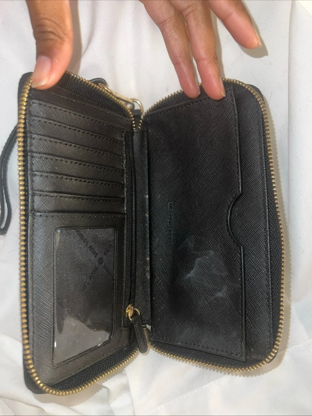 Michael Kors Black Leather Floral Embossed Zip Wallet with Gold Hardware